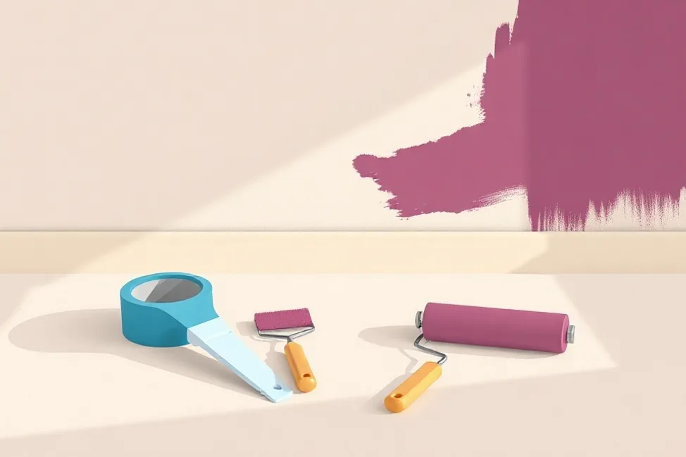 Outils de peinture disposés dans l'ordre des étapes du chantier