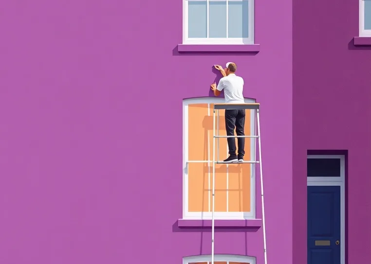 Peintre sur échafaudage traitant la façade d'une maison